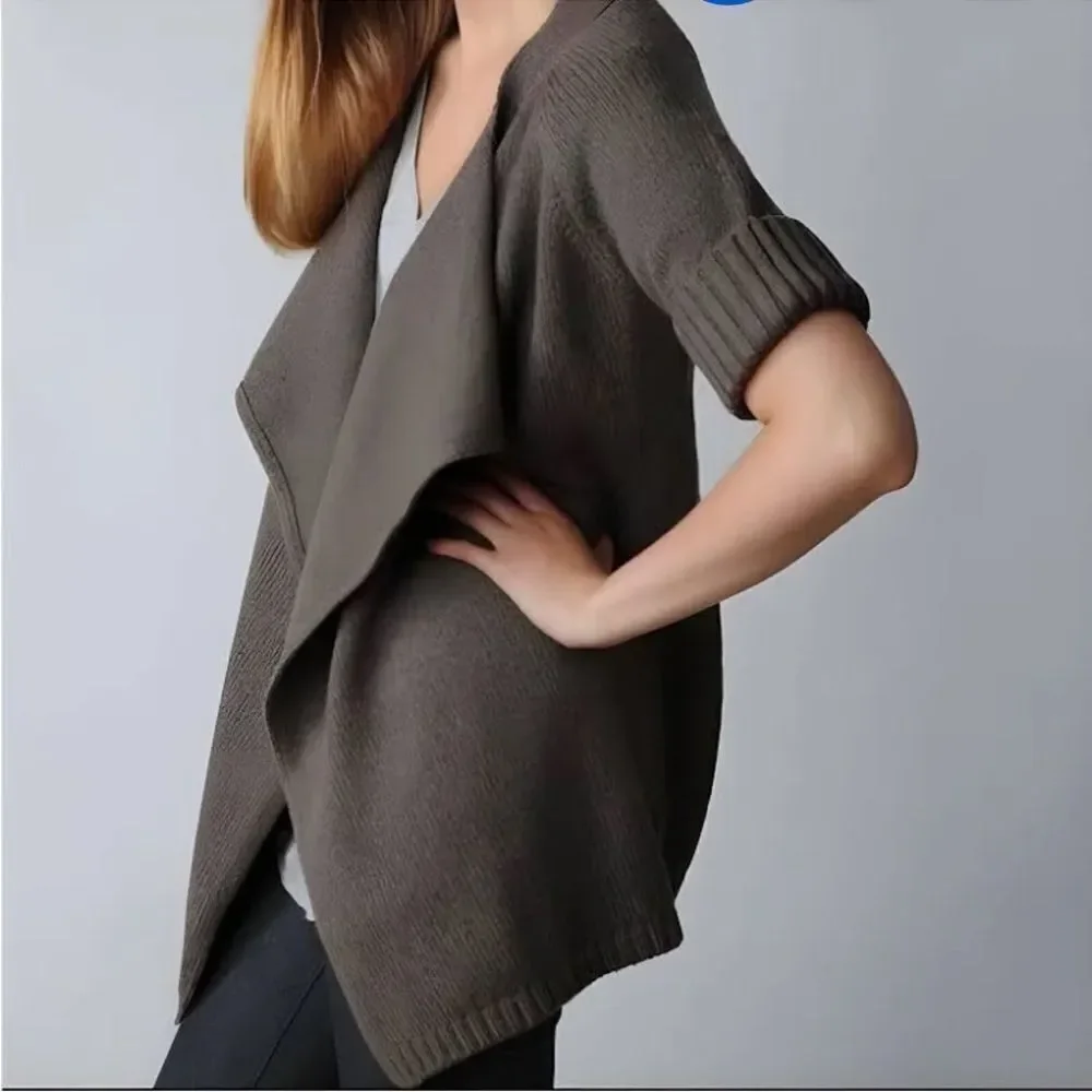 Vince Short Sleeve Open Drape Cardigan Wool Sweater Black